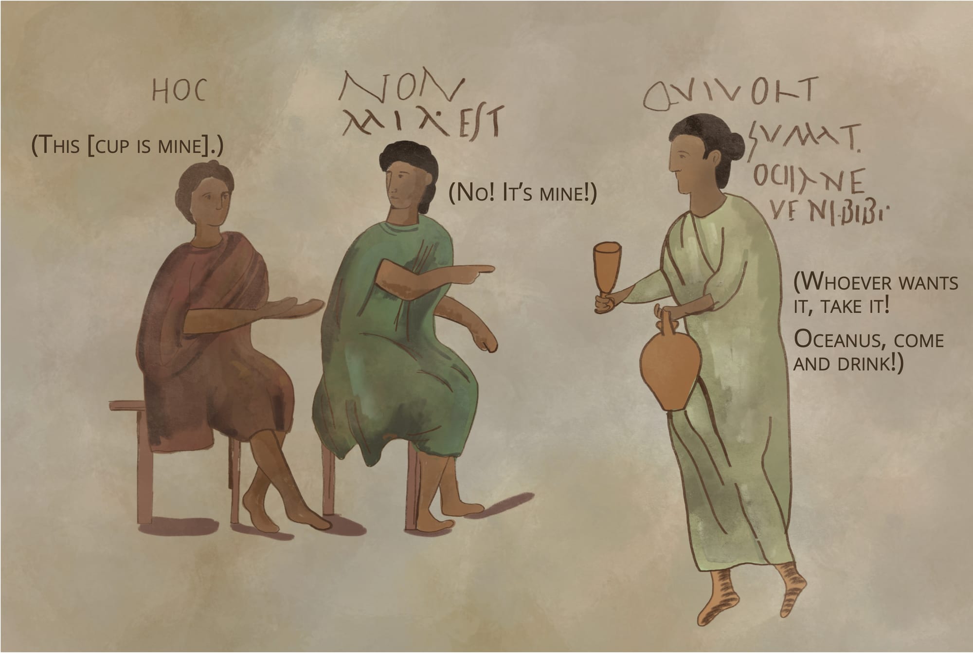 A drawing of a fresco showing a standing woman, holding a cup, with two men sitting in front of her.