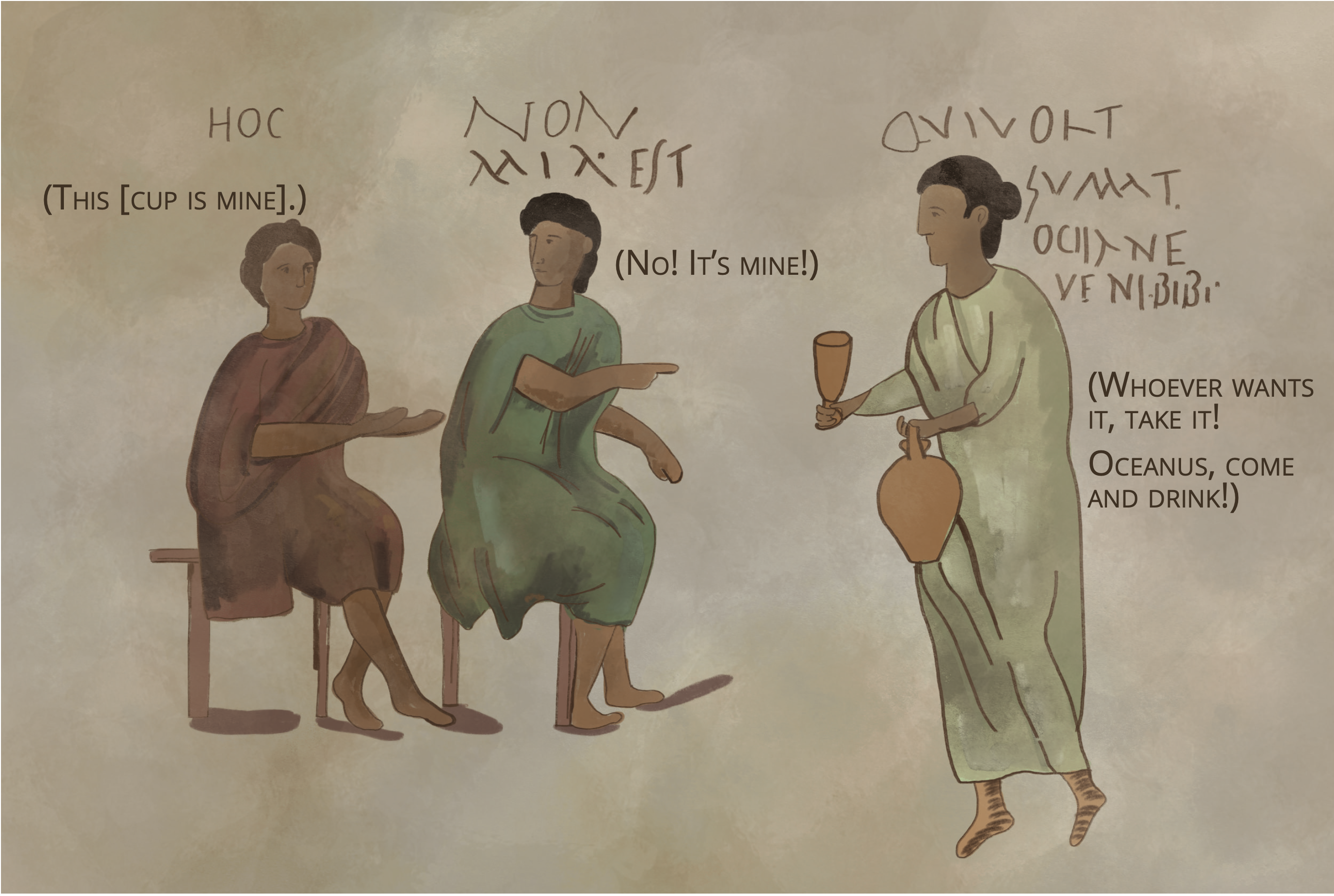 A drawing of a fresco showing a standing woman, holding a cup, with two men sitting in front of her.